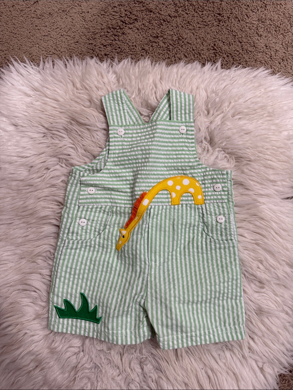Florence Eiseman green and white striped seersucker giraffe shortalls Size 6M